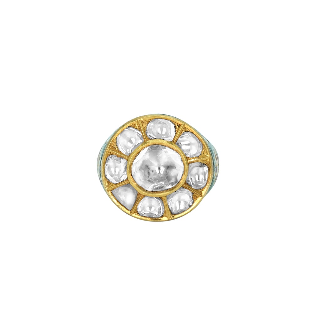 Polki Ring with Green Enamel Floral Motifs